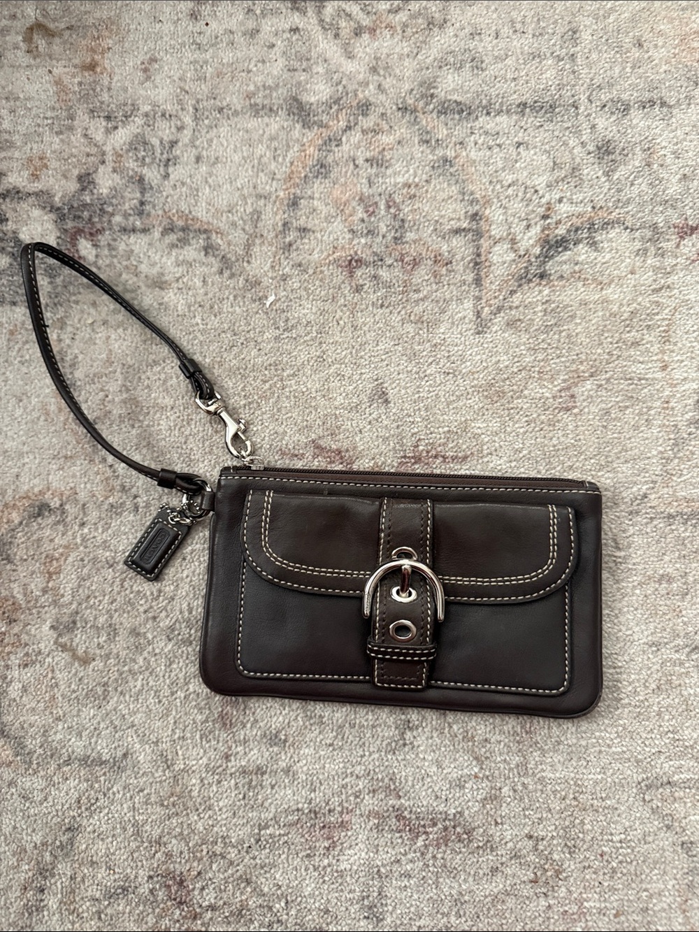 Coach Brown Leather Wristlet with Front Buckle Detail